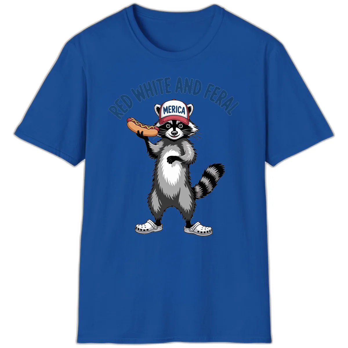 Red White and Feral Raccoon Hot Dog T-Shirt in Royal