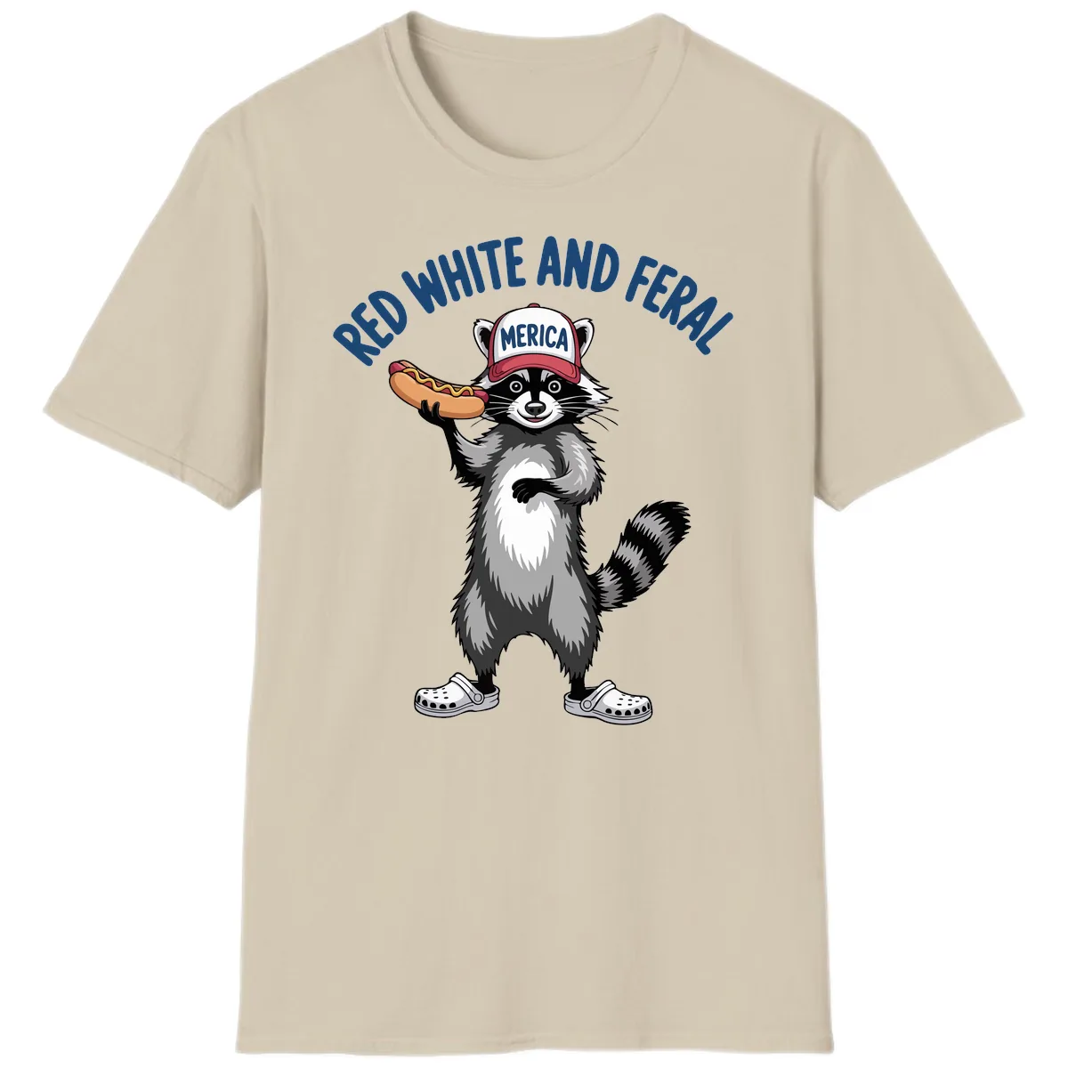 Red White and Feral Raccoon Hot Dog T-Shirt in Sand