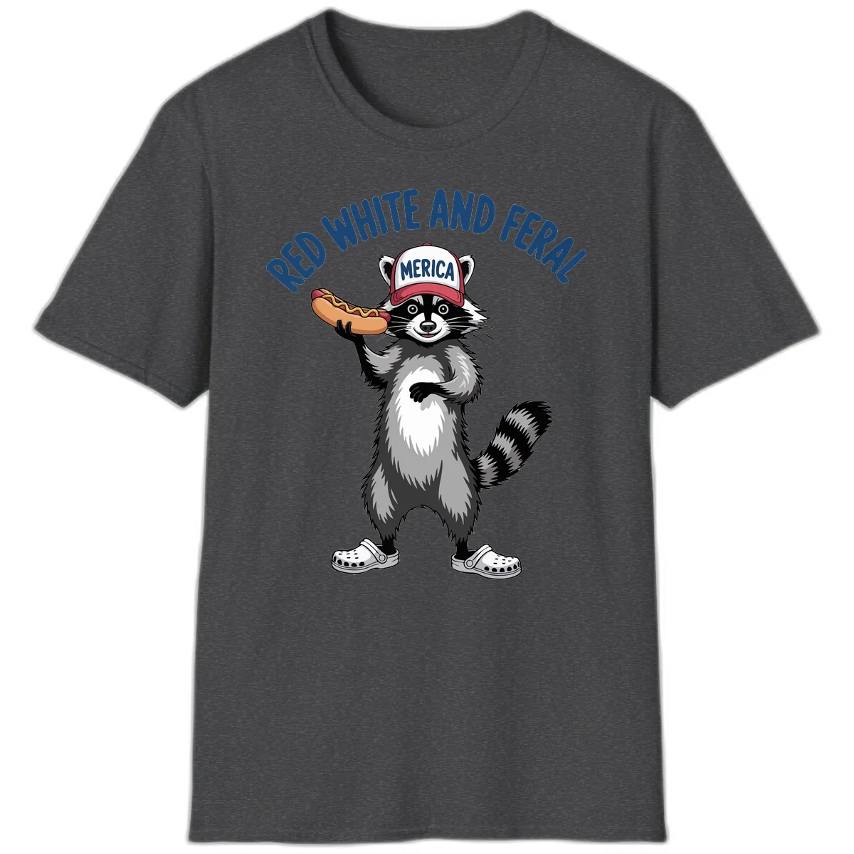 Red White and Feral Raccoon Hot Dog T-Shirt in Dark Heather