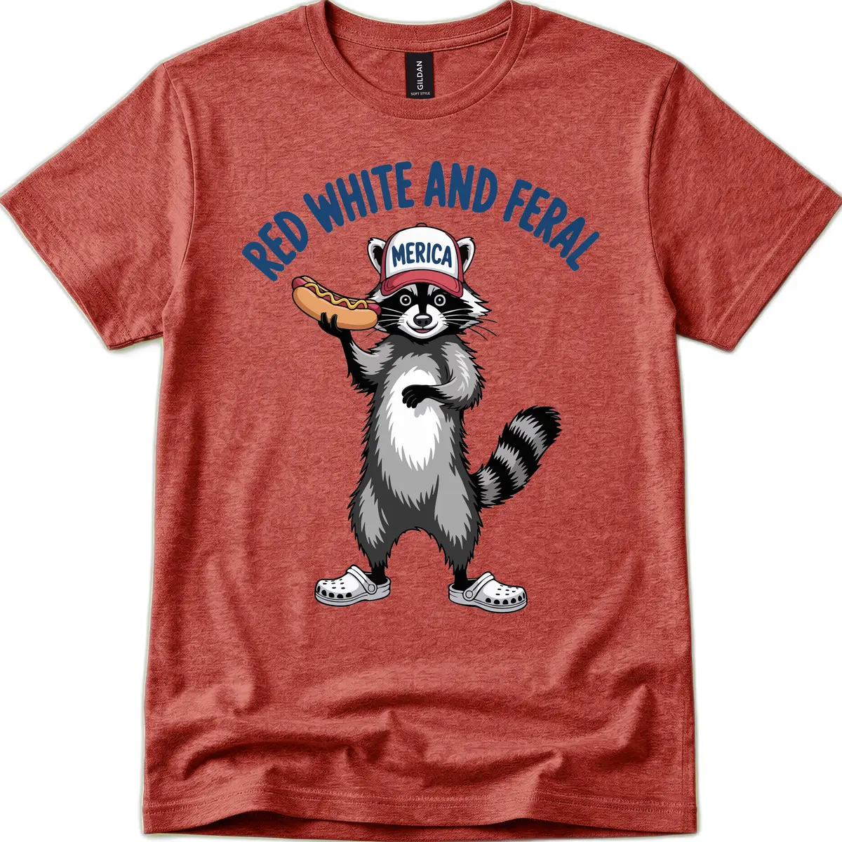 Red White and Feral Raccoon Hot Dog T-Shirt in Heather Cardinal