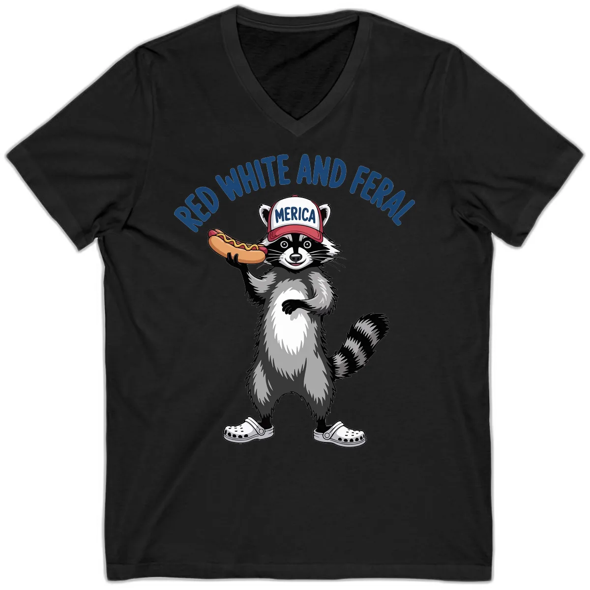 Red White and Feral Raccoon Hot Dog V-Neck in Black