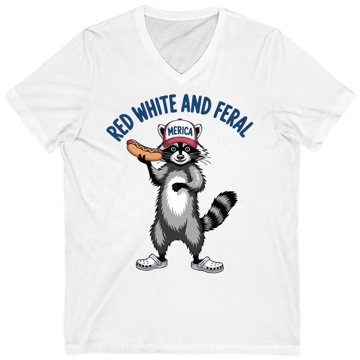 Red White and Feral Raccoon Hot Dog V-Neck in White