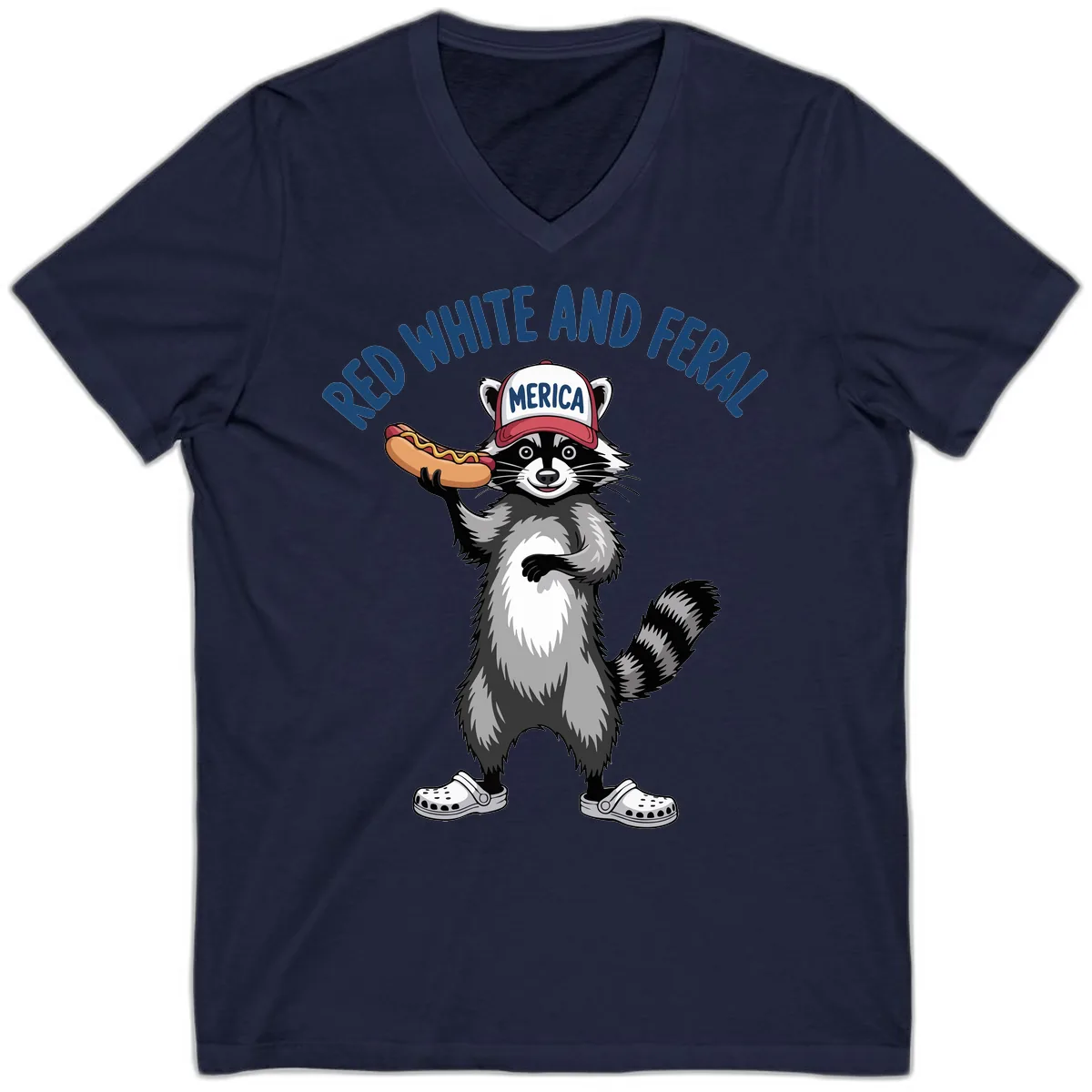 Red White and Feral Raccoon Hot Dog V-Neck in Navy