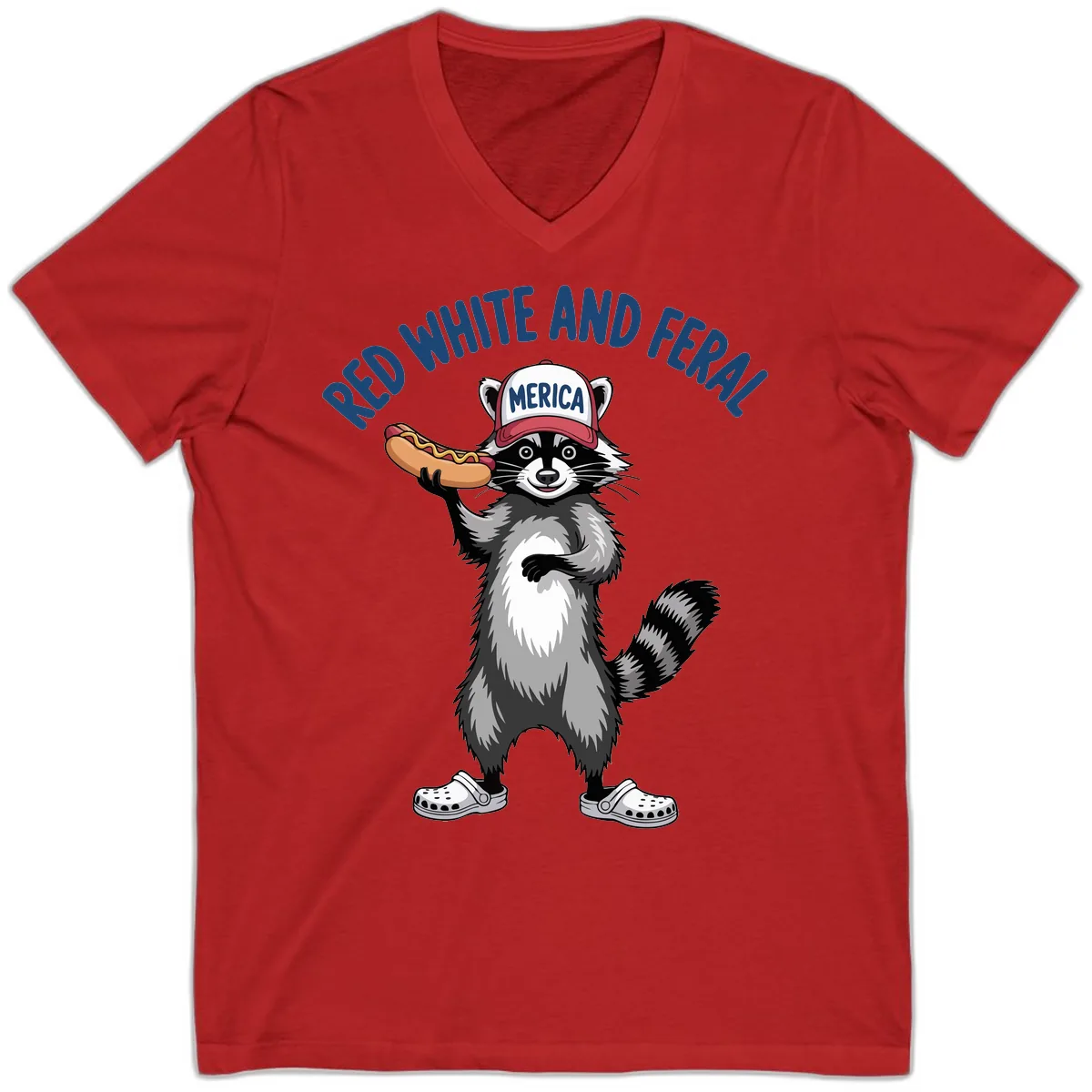 Red White and Feral Raccoon Hot Dog V-Neck in Red