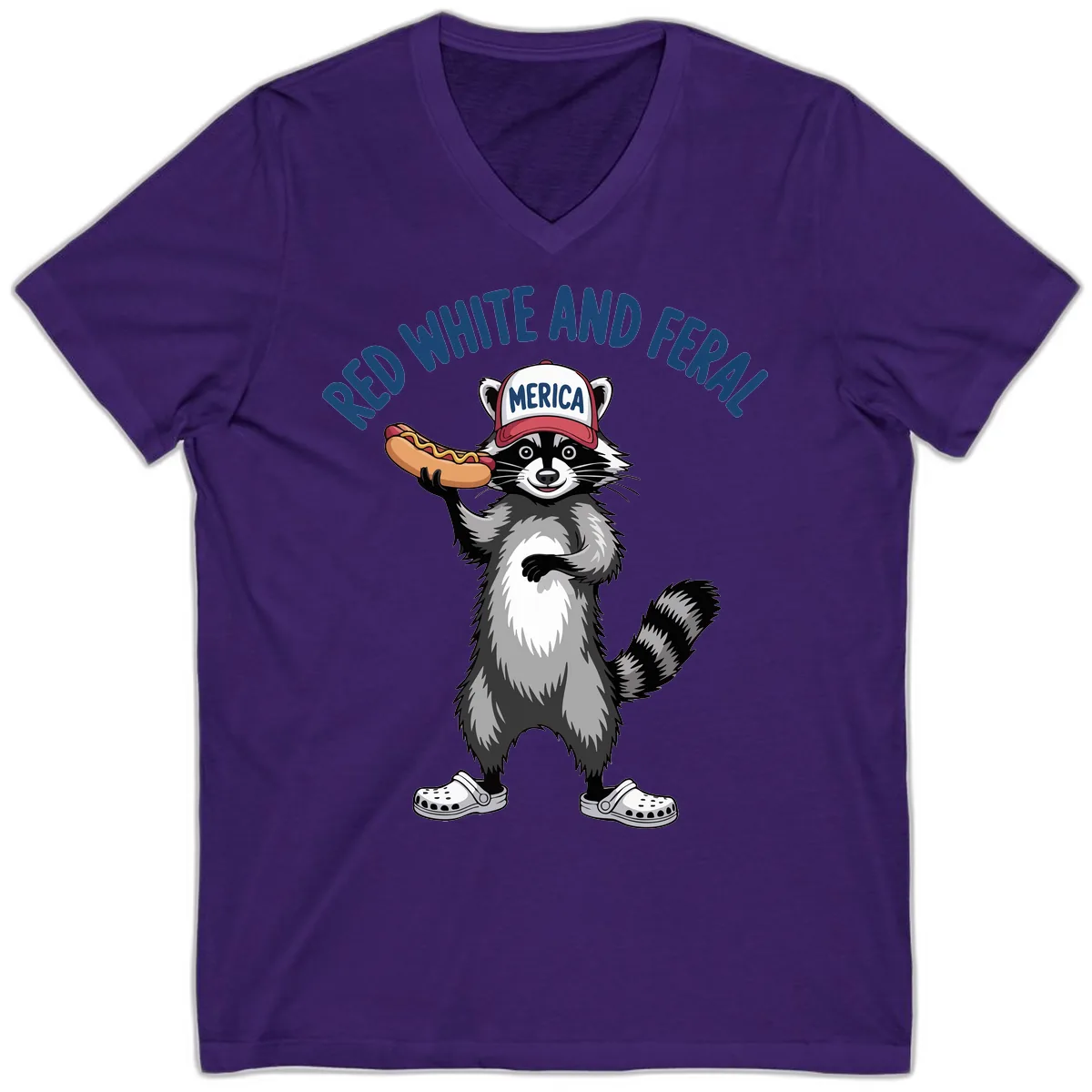 Red White and Feral Raccoon Hot Dog V-Neck in Team Purple