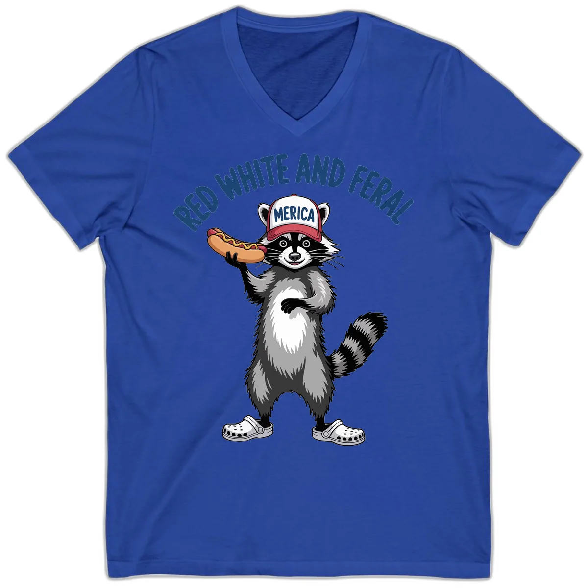 Red White and Feral Raccoon Hot Dog V-Neck in True Royal