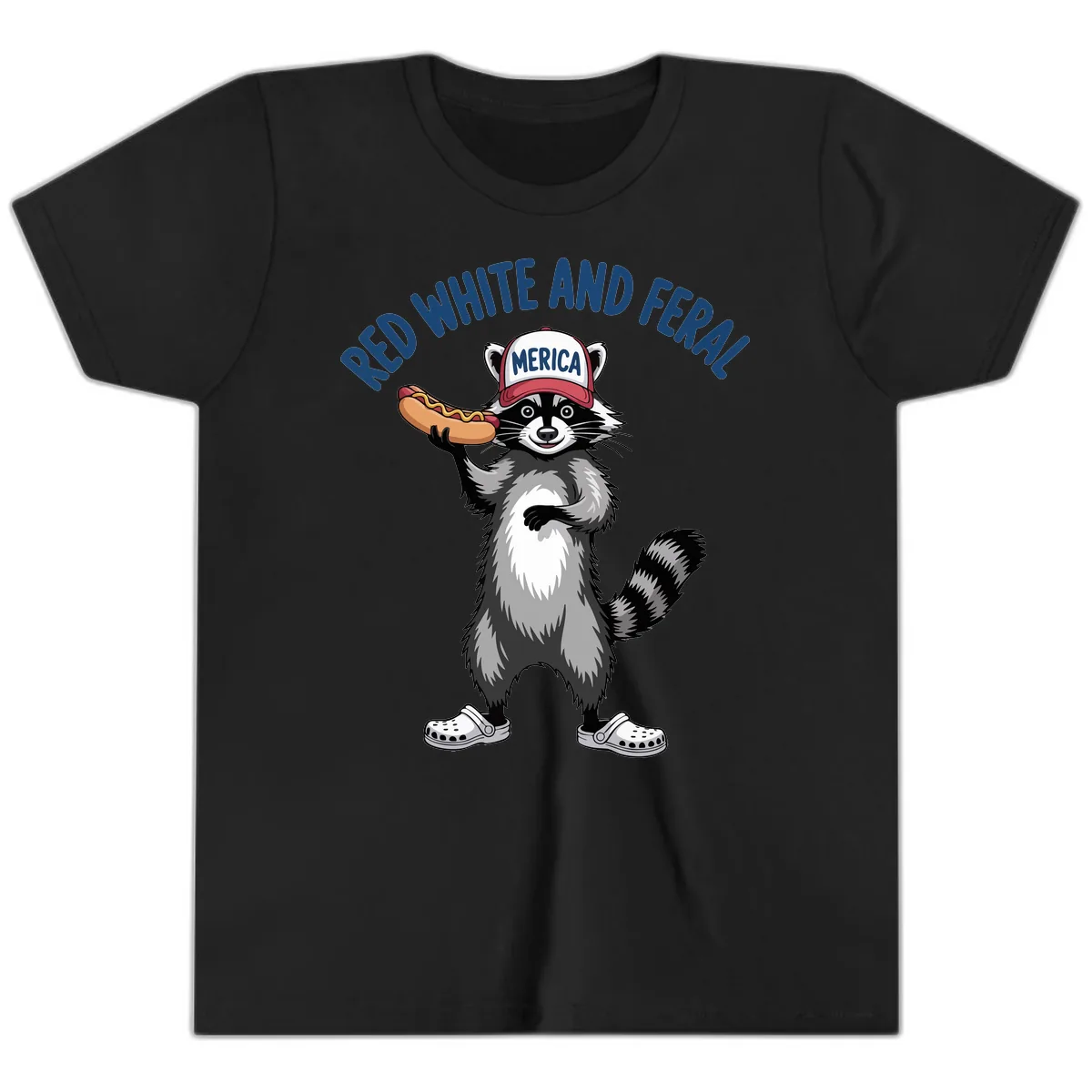 Red White and Feral Raccoon Hot Dog Youth T-Shirt in Black