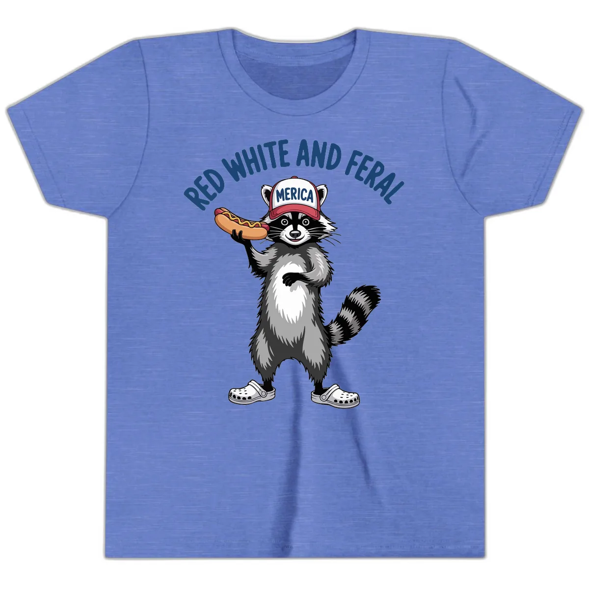 Red White and Feral Raccoon Hot Dog Youth T-Shirt in Heather Columbia Blue