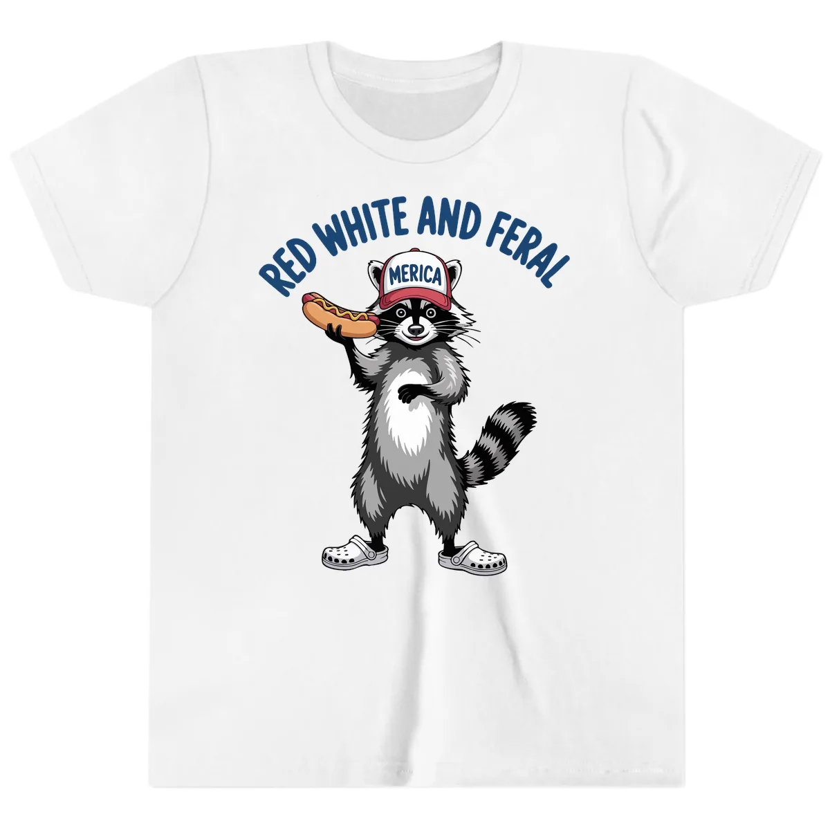Red White and Feral Raccoon Hot Dog Youth T-Shirt in White
