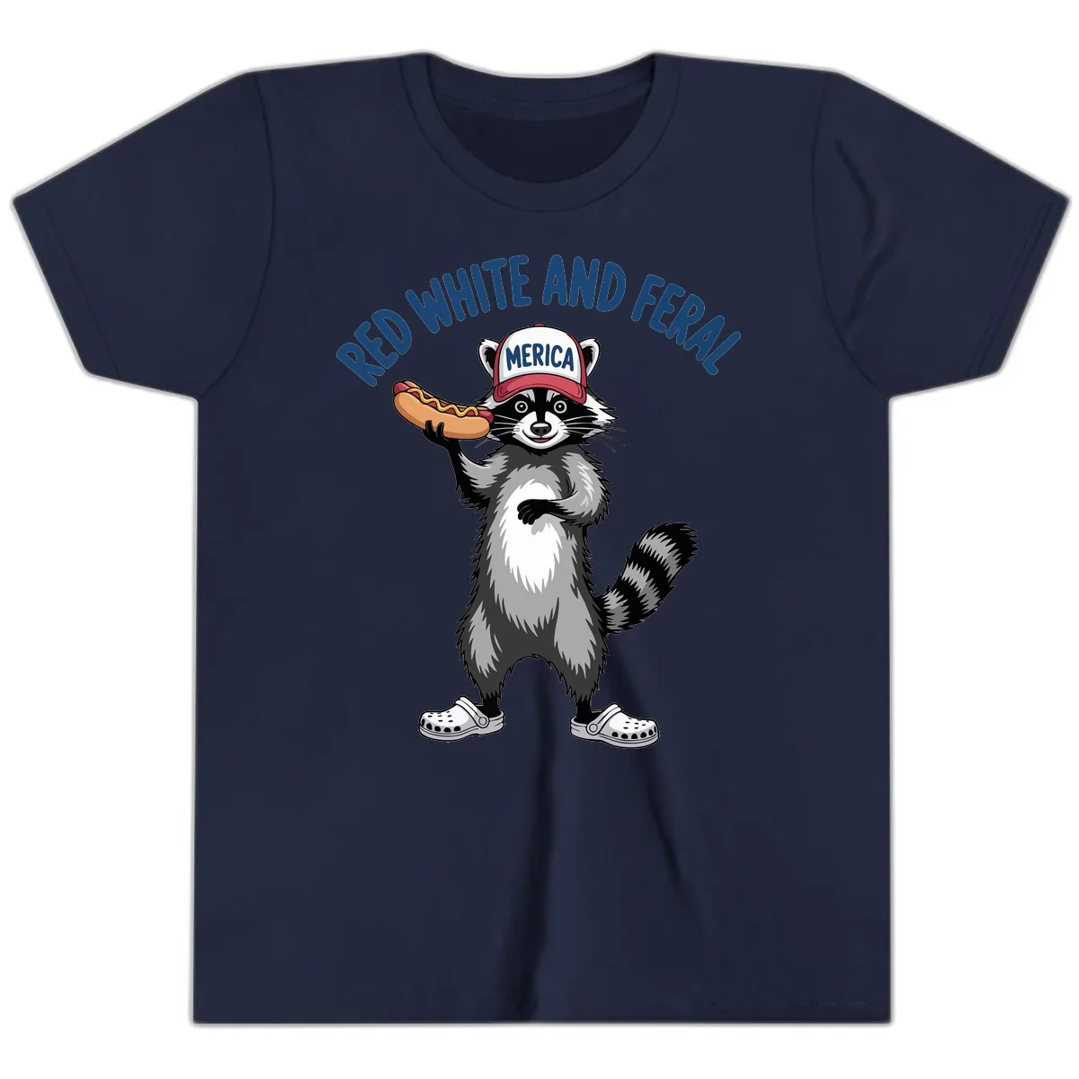 Red White and Feral Raccoon Hot Dog Youth T-Shirt in Navy