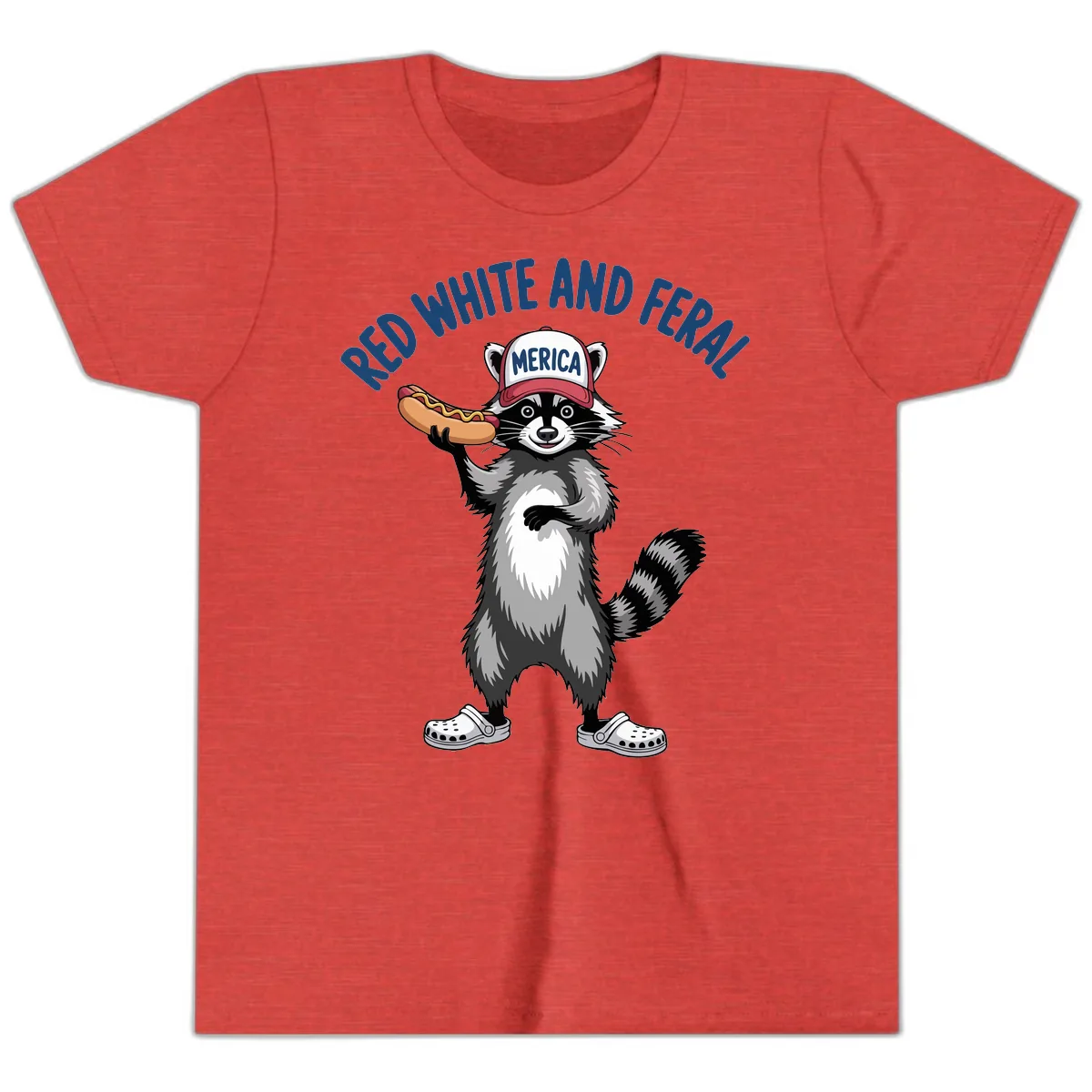 Red White and Feral Raccoon Hot Dog Youth T-Shirt in Heather Red