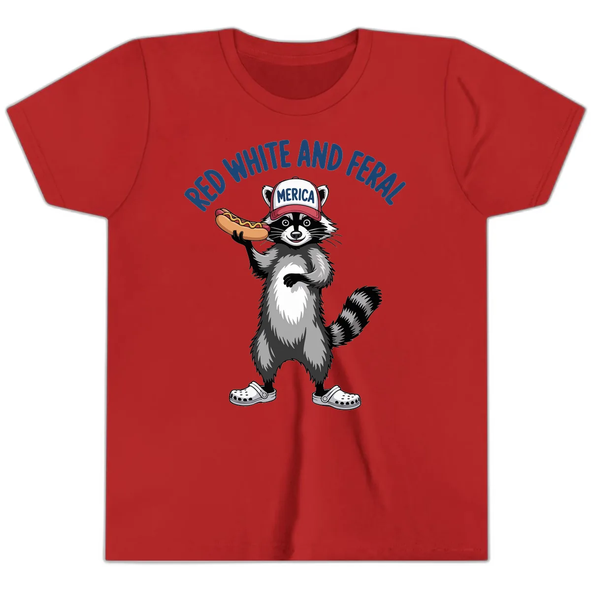 Red White and Feral Raccoon Hot Dog Youth T-Shirt in Red