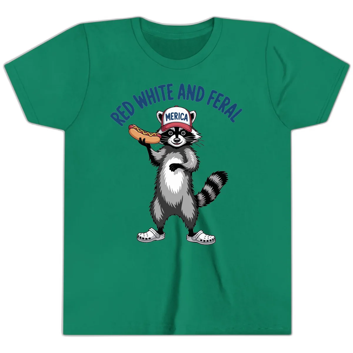Red White and Feral Raccoon Hot Dog Youth T-Shirt in Kelly
