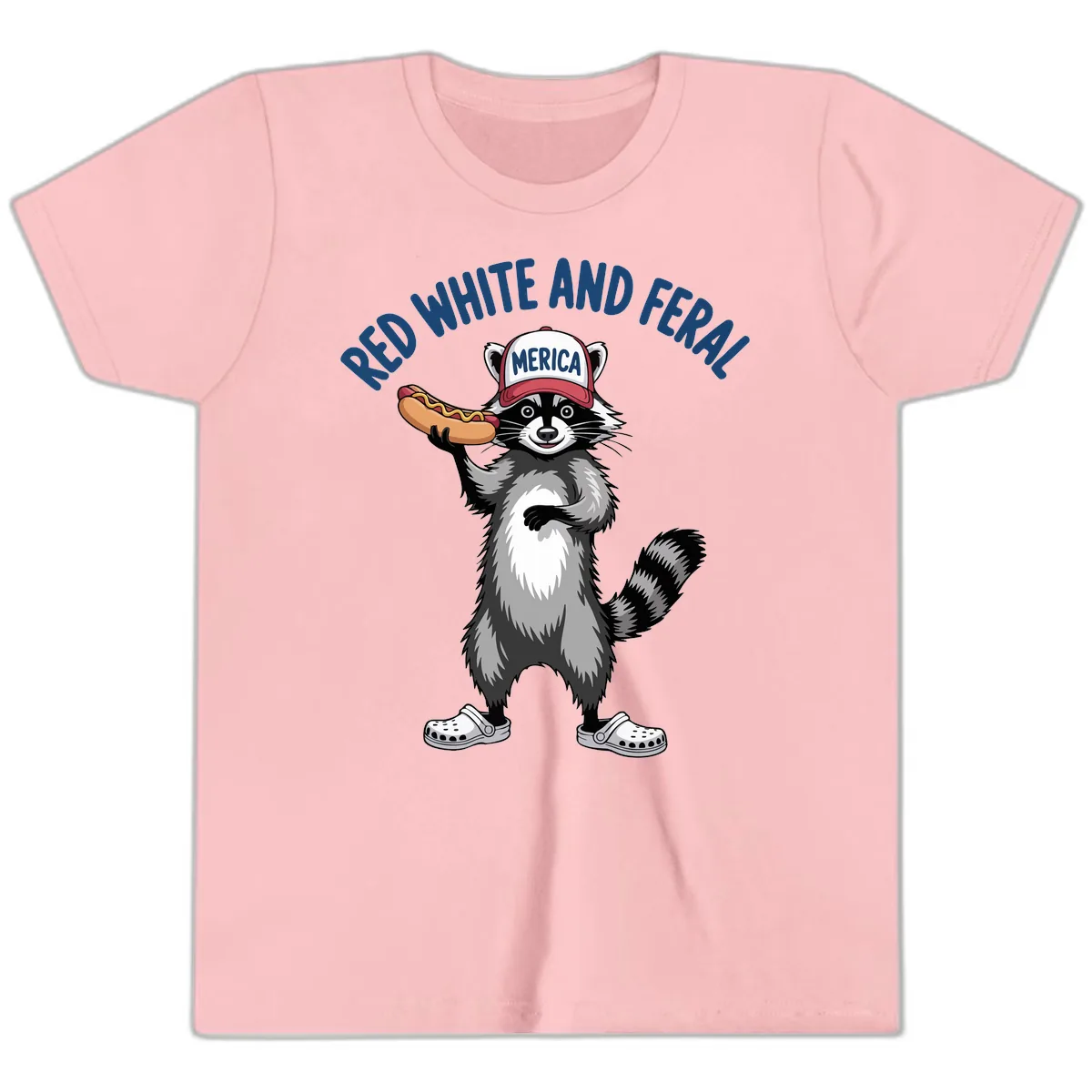 Red White and Feral Raccoon Hot Dog Youth T-Shirt in Pink