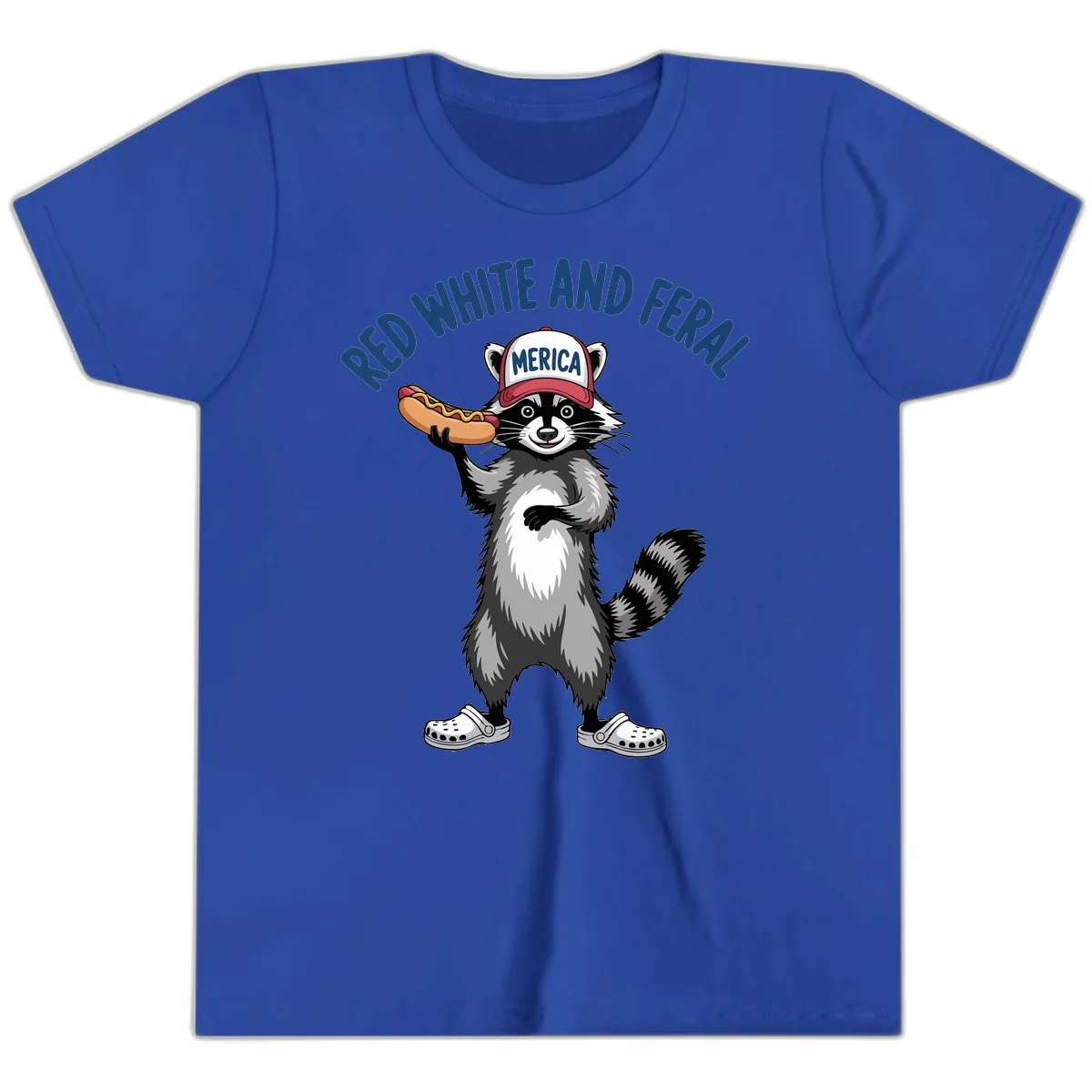 Red White and Feral Raccoon Hot Dog Youth T-Shirt in True Royal