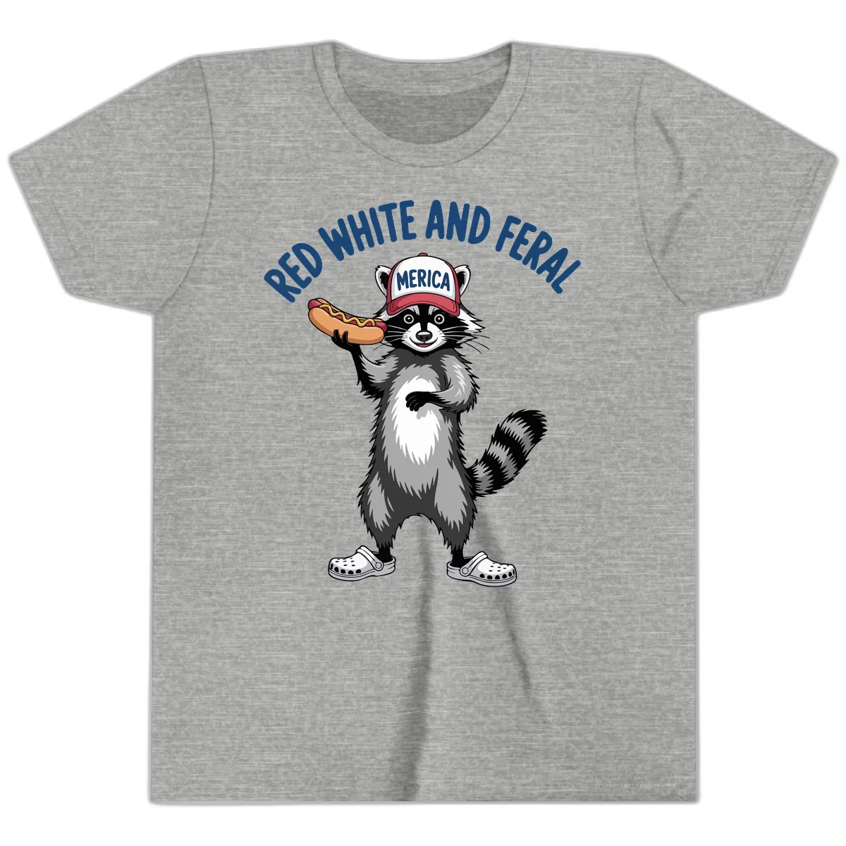 Red White and Feral Raccoon Hot Dog Youth T-Shirt in Athletic Heather