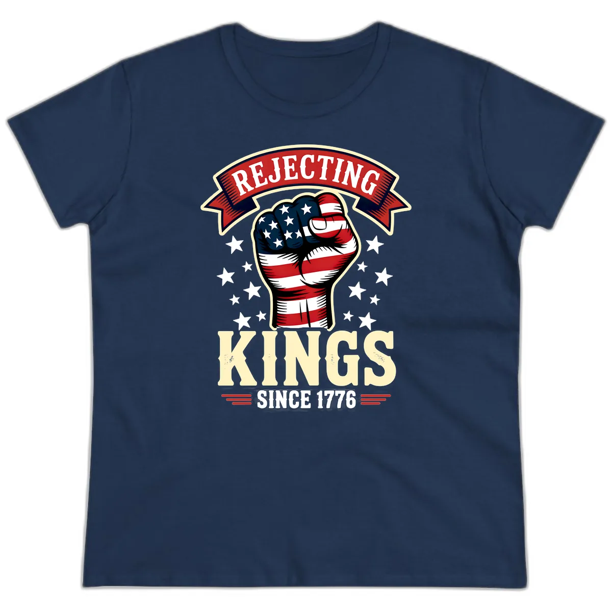 Rejecting Kings Since 1776 American Fist Ladies Tee in Navy