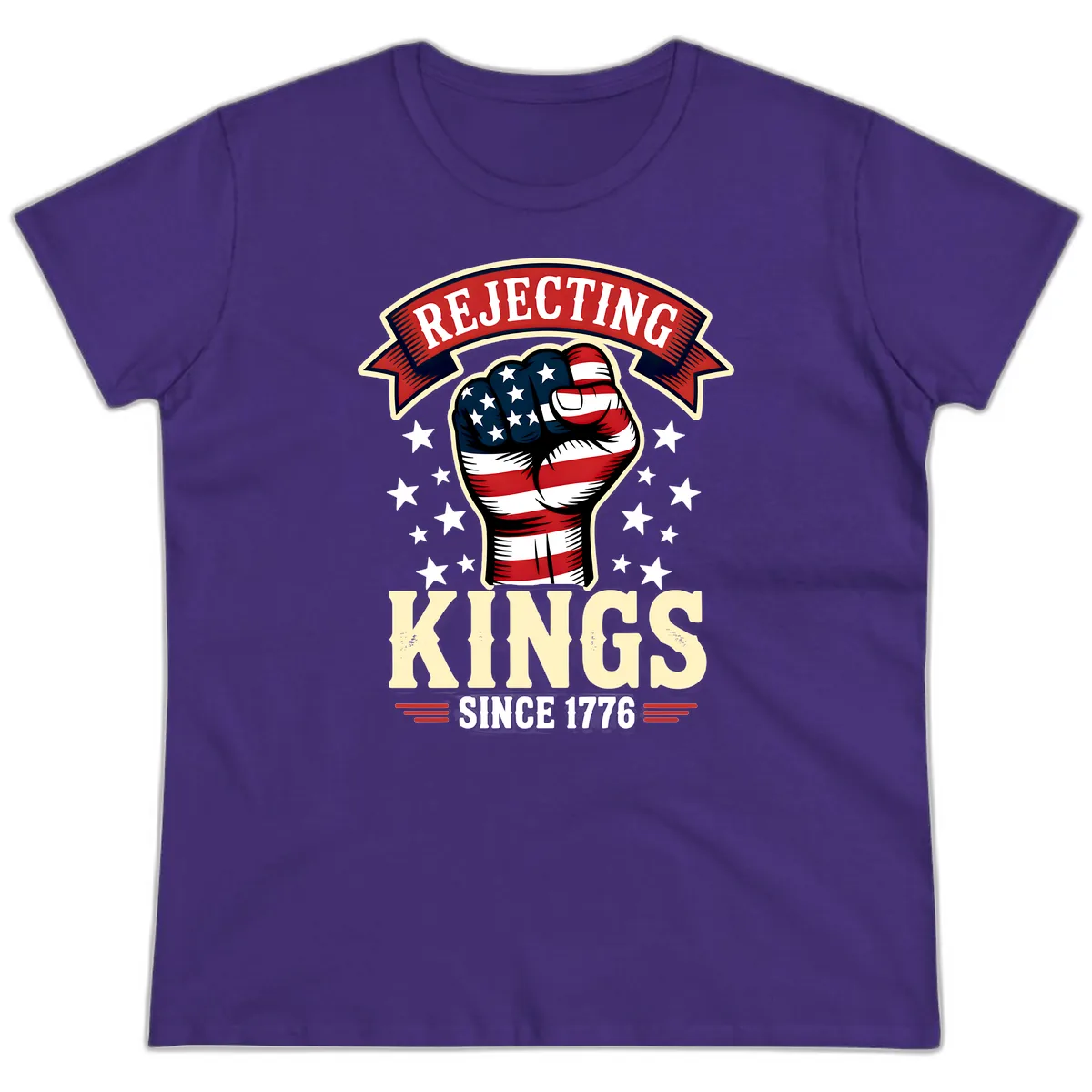 Rejecting Kings Since 1776 American Fist Ladies Tee in Purple