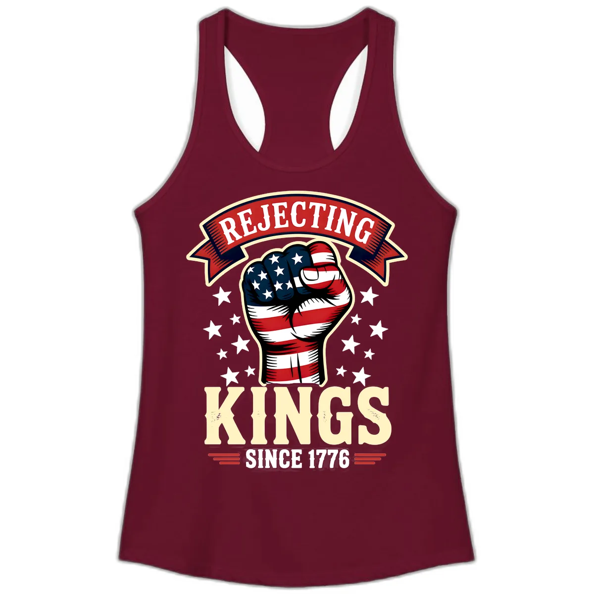 Rejecting Kings Since 1776 American Fist Ladies Tank in Solid Cardinal Red
