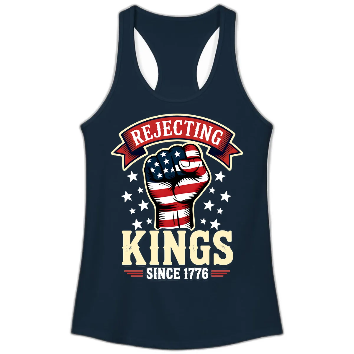 Rejecting Kings Since 1776 American Fist Ladies Tank in Solid Midnight Navy