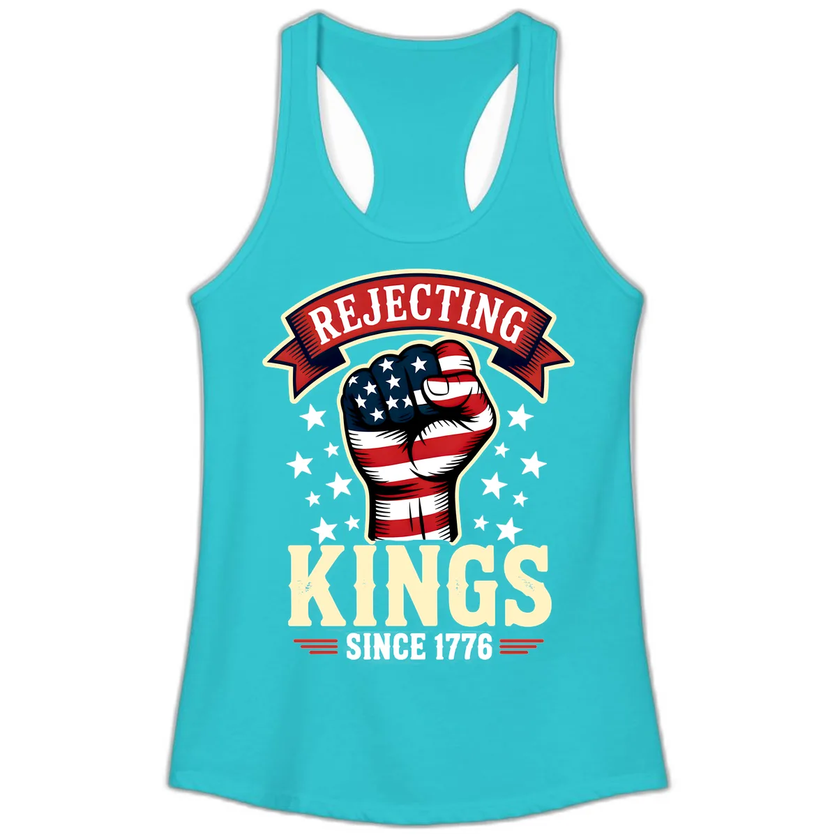 Rejecting Kings Since 1776 American Fist Ladies Tank in Solid Tahiti Blue