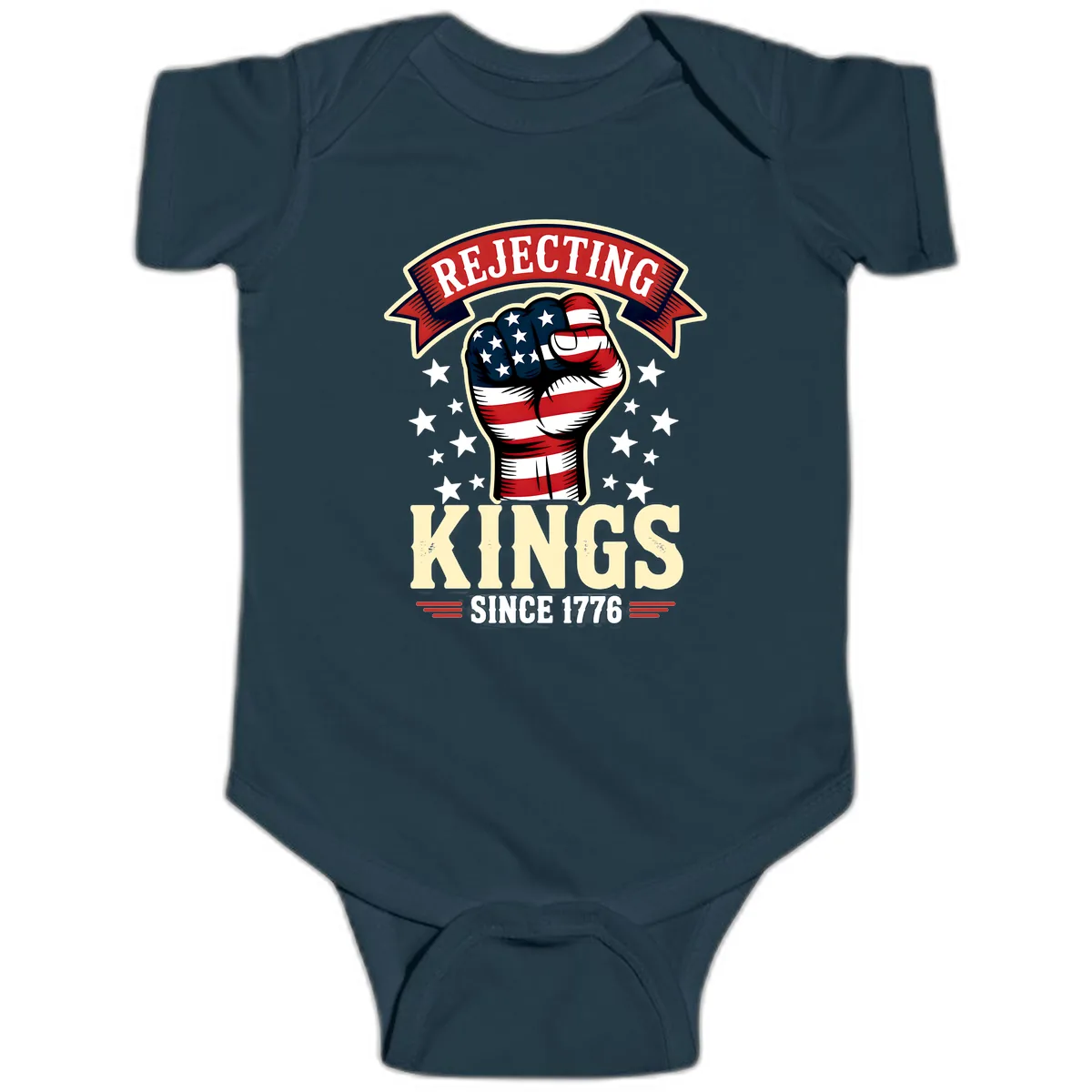 Rejecting Kings Since 1776 American Fist Baby Onesie in Navy