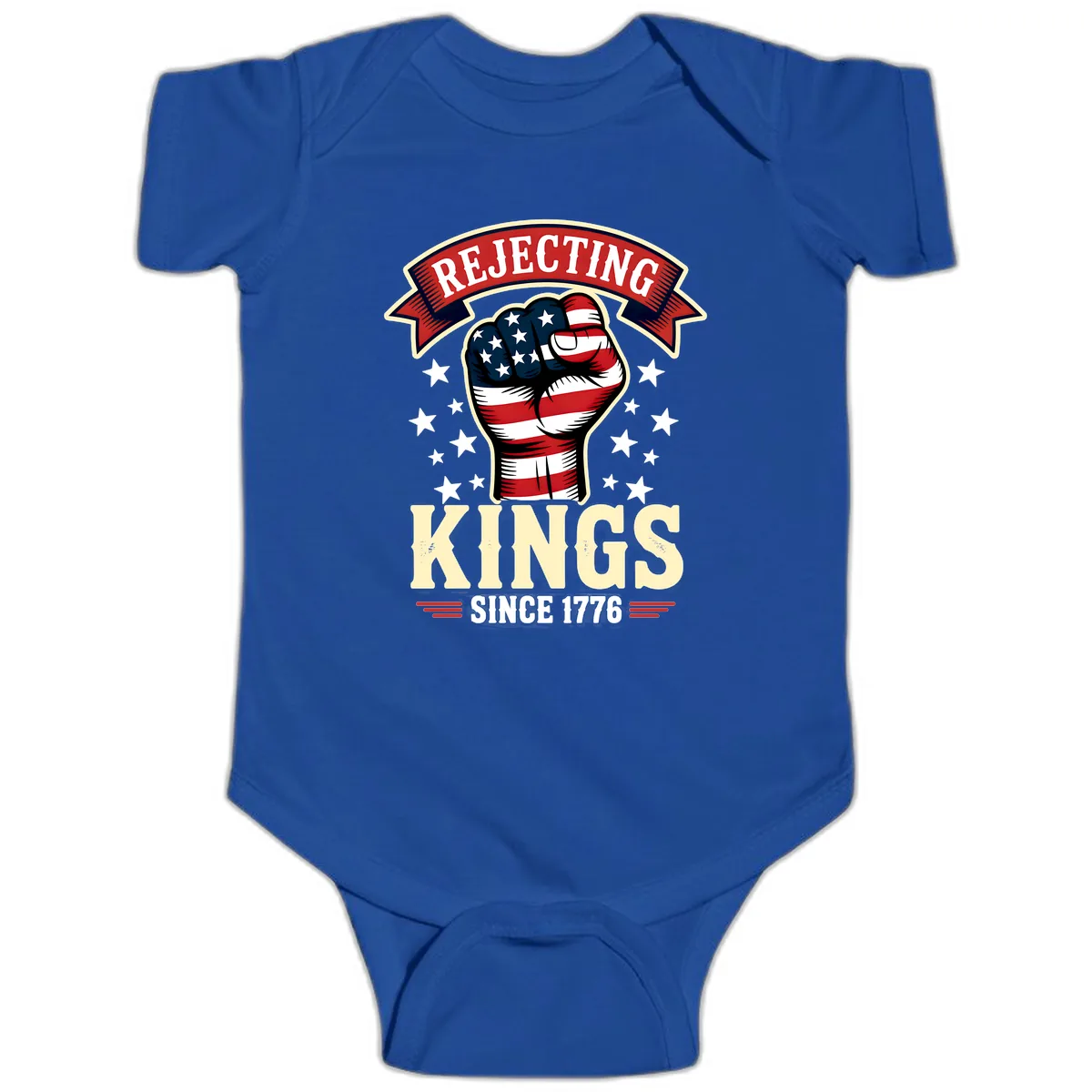 Rejecting Kings Since 1776 American Fist Baby Onesie in Royal