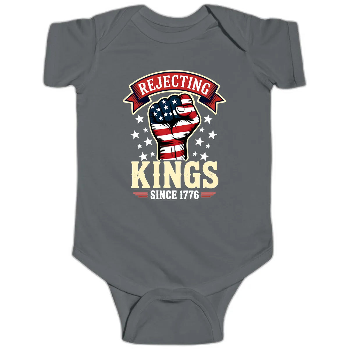 Rejecting Kings Since 1776 American Fist Baby Onesie in Charcoal