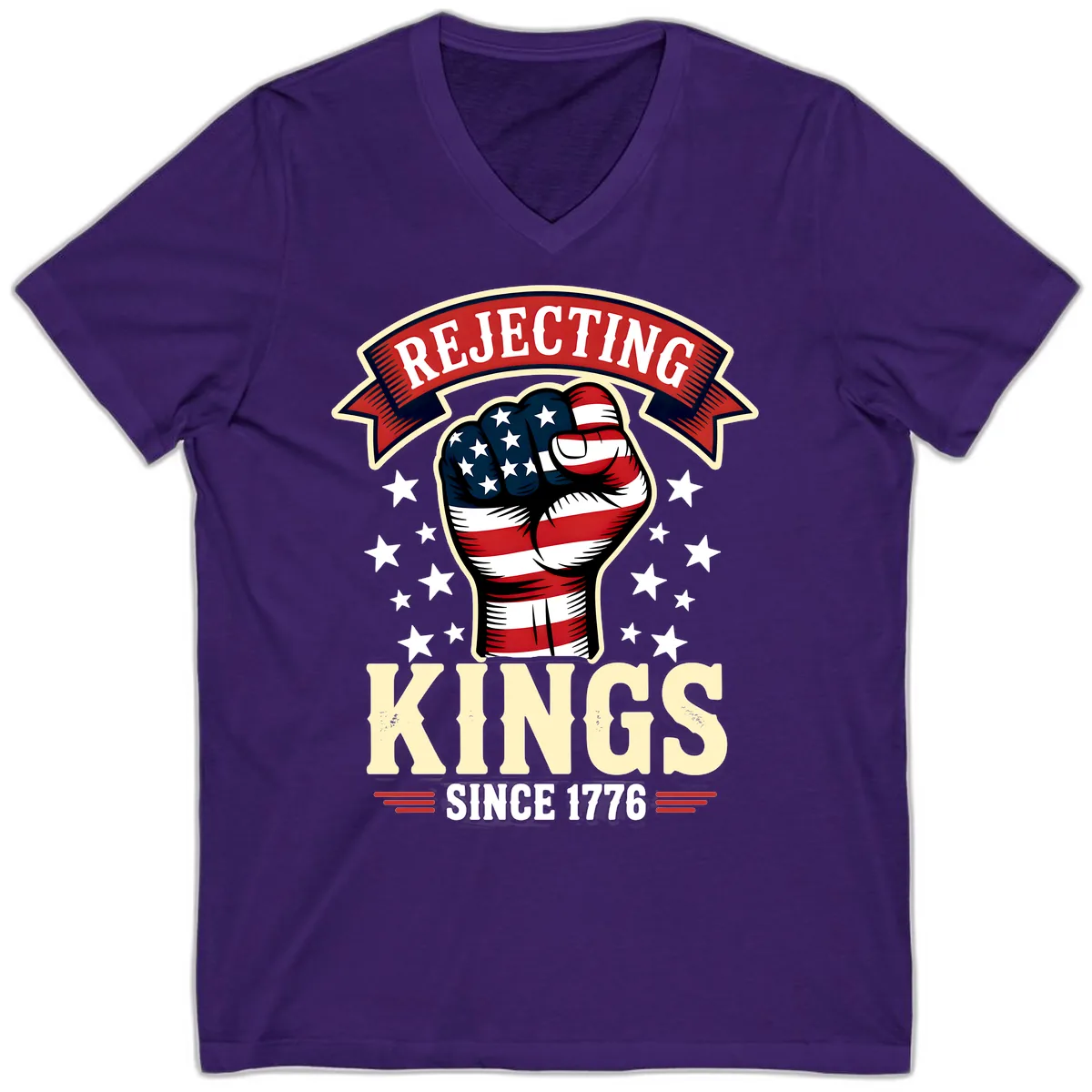 Rejecting Kings Since 1776 American Fist V-Neck in Team Purple