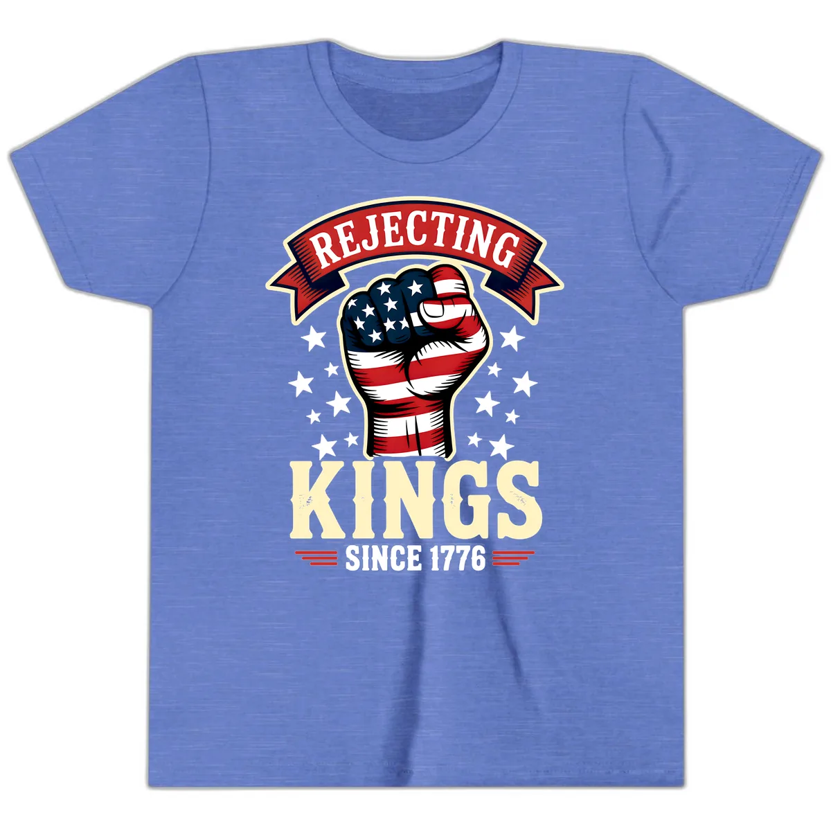 Rejecting Kings Since 1776 American Fist Youth T-Shirt in Heather Columbia Blue