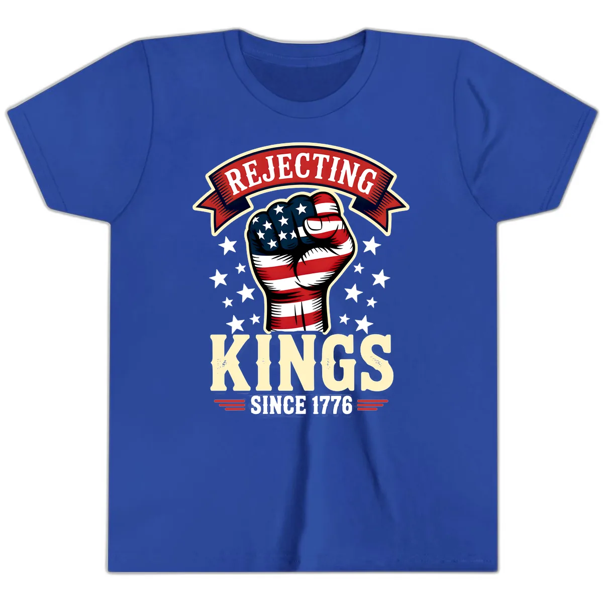 Rejecting Kings Since 1776 American Fist Youth T-Shirt in True Royal