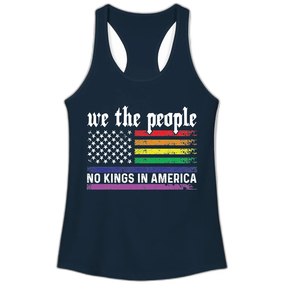 We The People No Kings Rainbow Flag Ladies Tank in Solid Midnight Navy