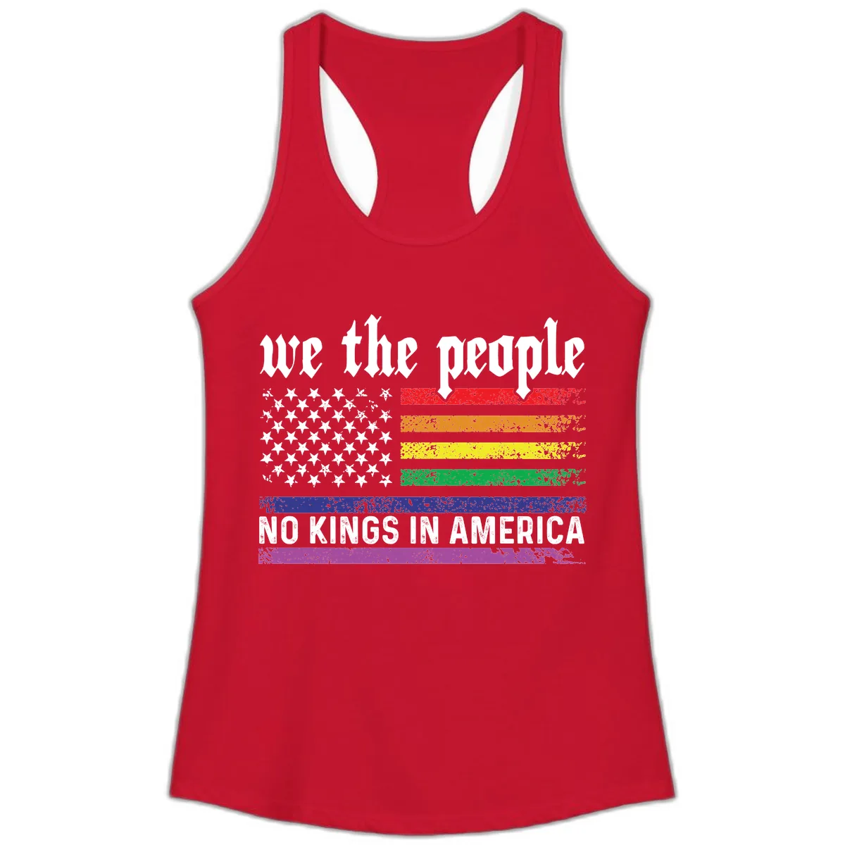 We The People No Kings Rainbow Flag Ladies Tank in Solid Red