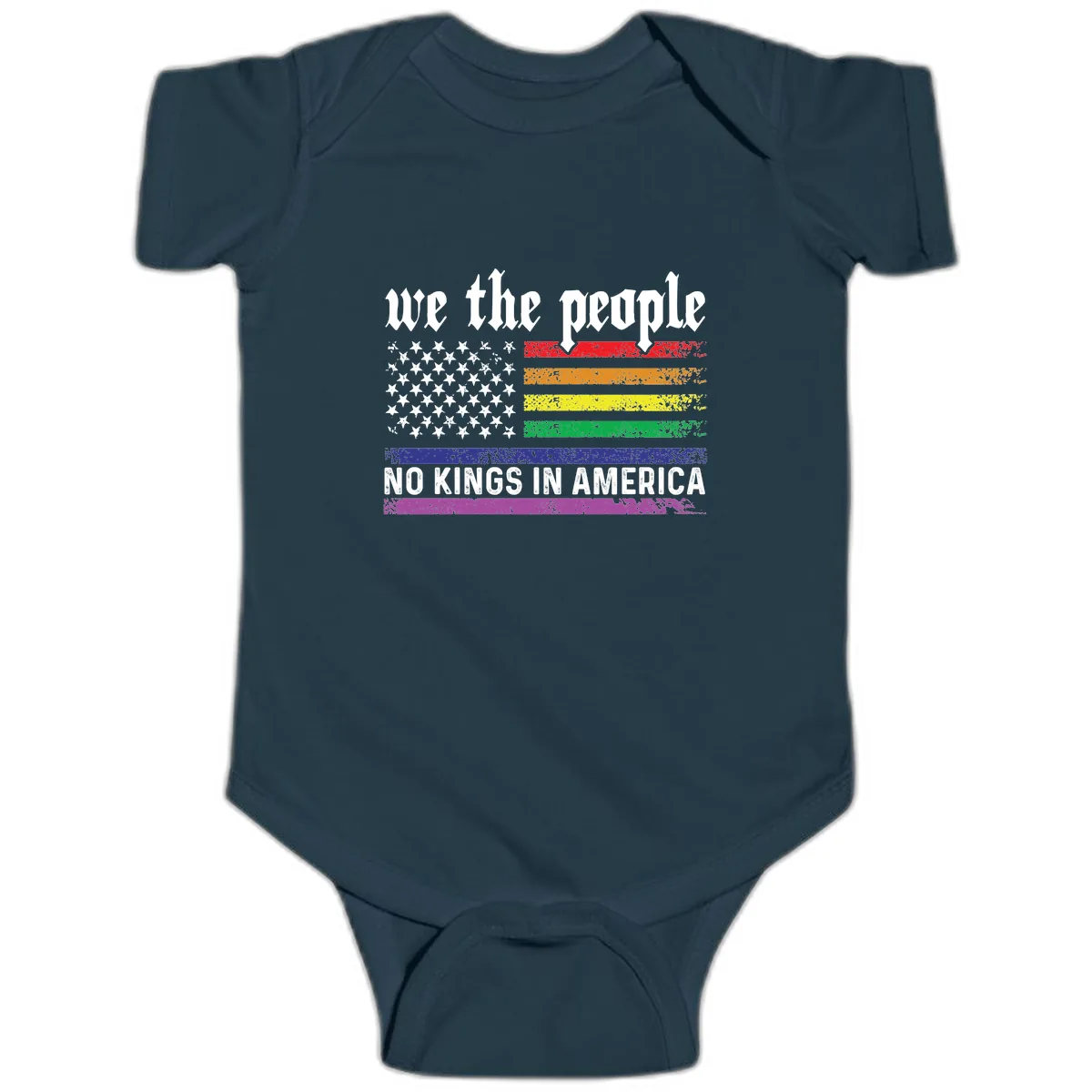 We The People No Kings Rainbow Flag Baby Onesie in Navy