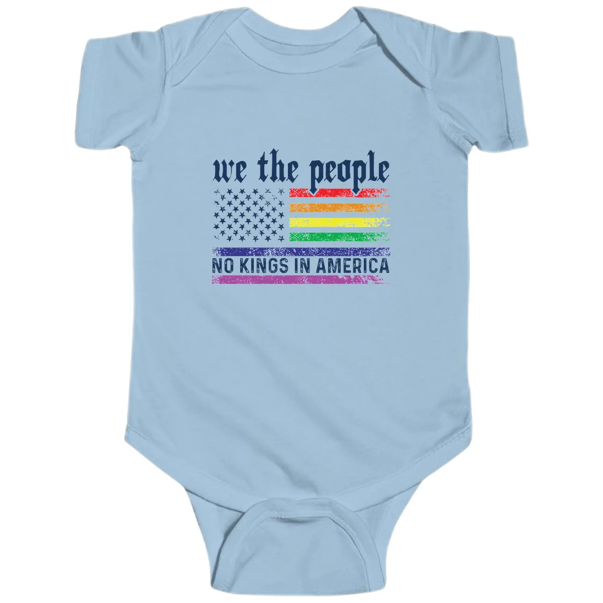 We The People No Kings Rainbow Flag Baby Onesie in Light Blue