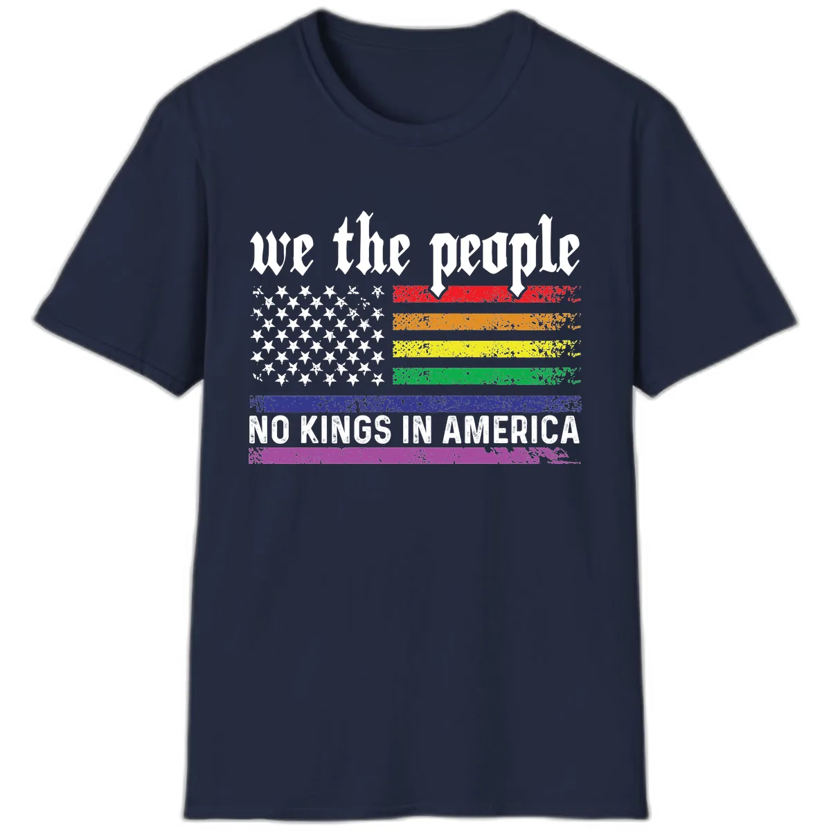 We The People No Kings Rainbow Flag T-Shirt in Navy