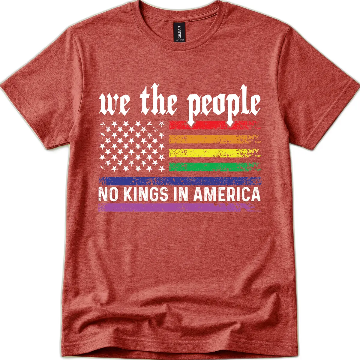 We The People No Kings Rainbow Flag T-Shirt in Heather Cardinal
