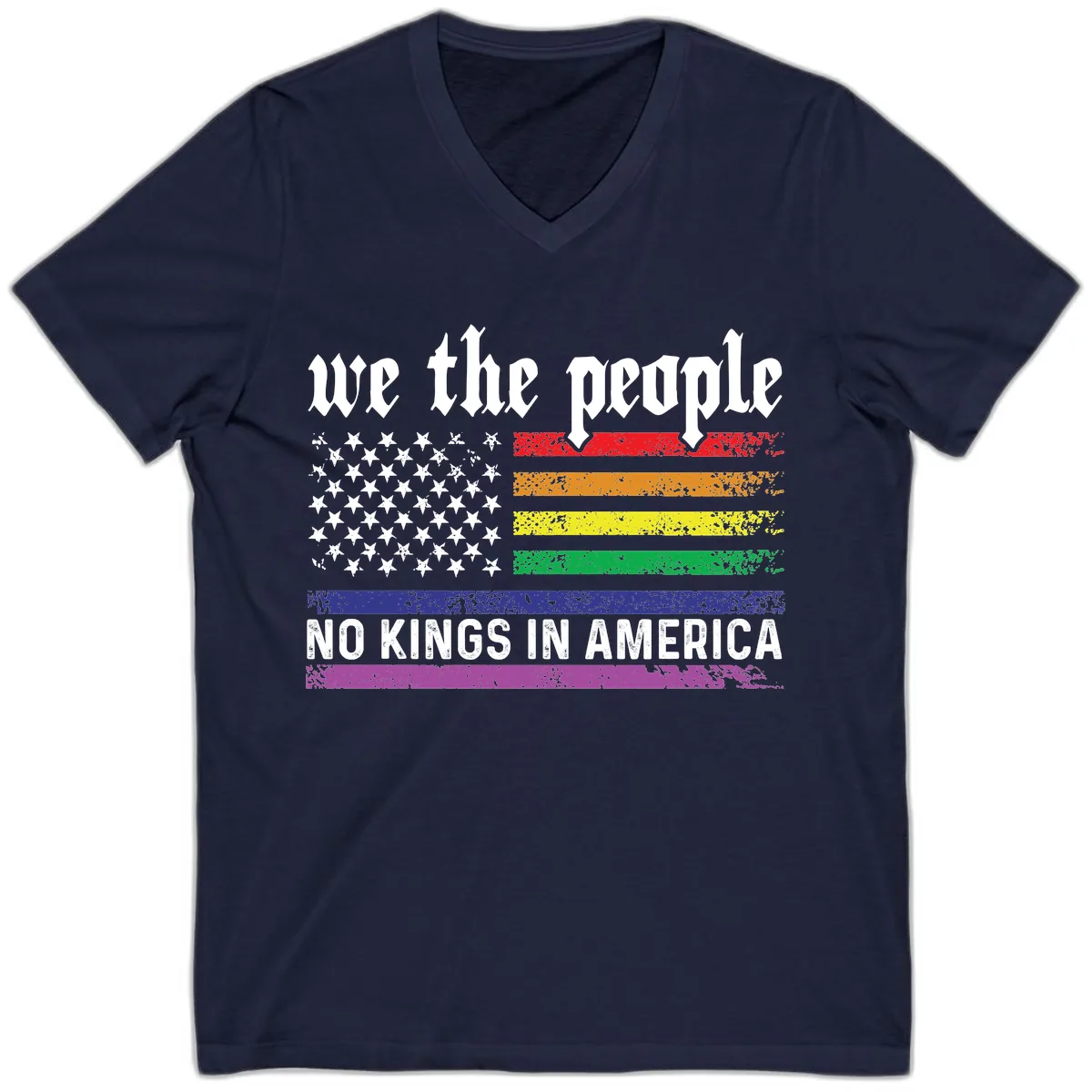 We The People No Kings Rainbow Flag V-Neck in Navy