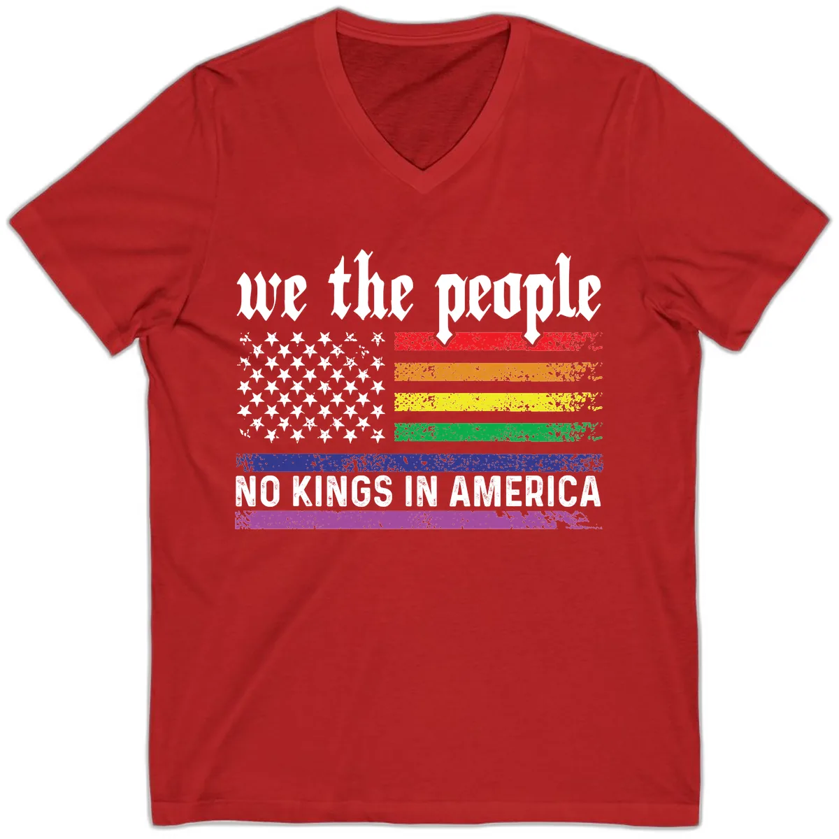 We The People No Kings Rainbow Flag V-Neck in Red