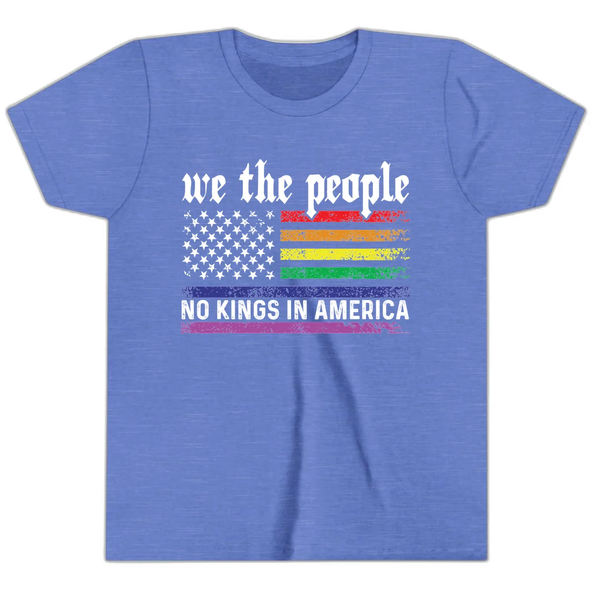 We The People No Kings Rainbow Flag Youth T-Shirt in Heather Columbia Blue