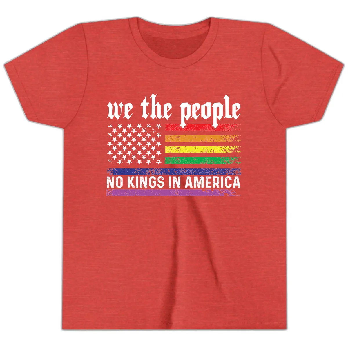 We The People No Kings Rainbow Flag Youth T-Shirt in Heather Red