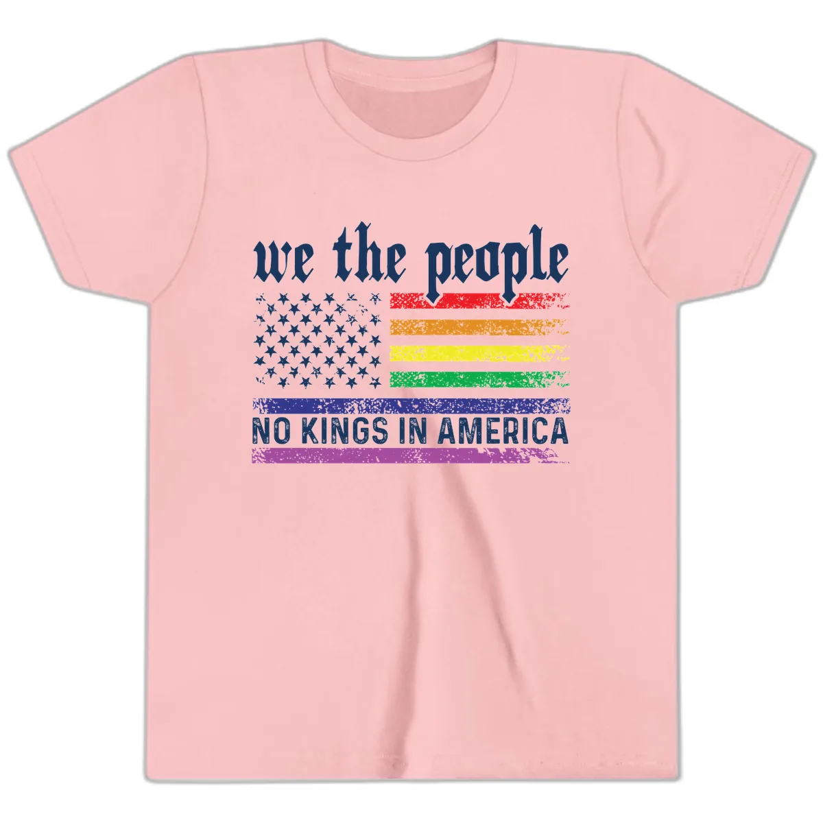 We The People No Kings Rainbow Flag Youth T-Shirt in Pink