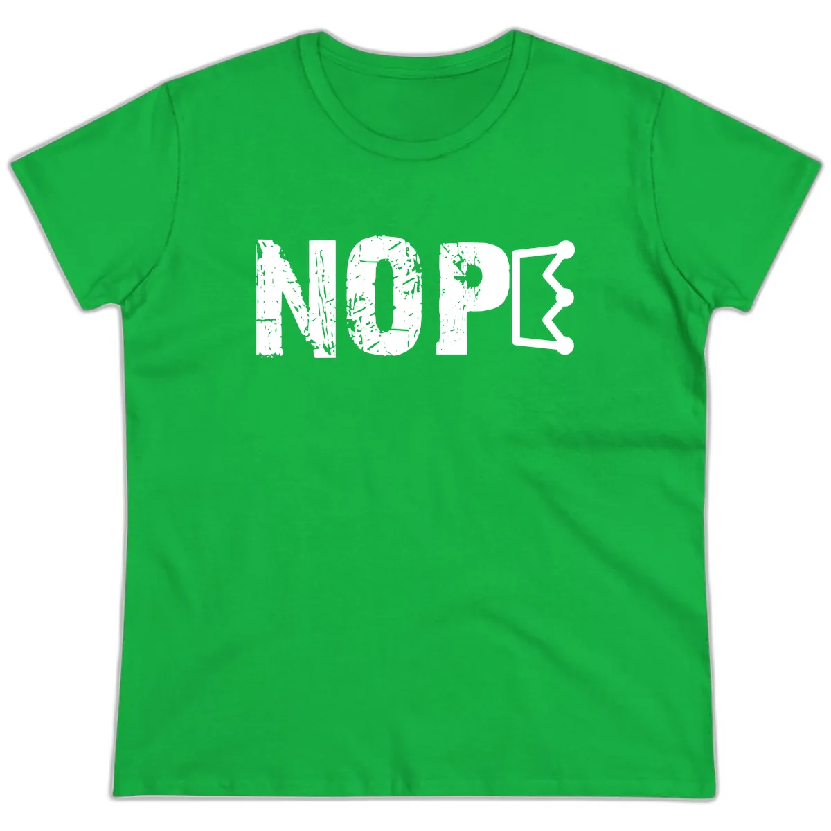 Nope Distressed Text With Crown Graphic Ladies Tee in Irish Green