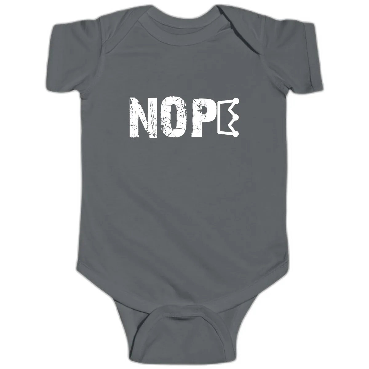 Nope Distressed Text With Crown Graphic Baby Onesie in Charcoal