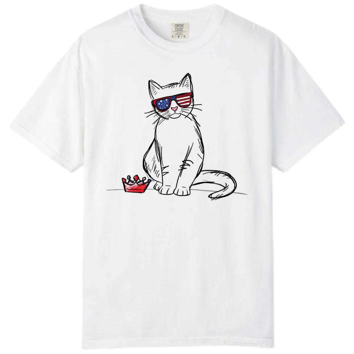 Patriotic Cat with Star-Spangled Sunglasses Comfort Color in White