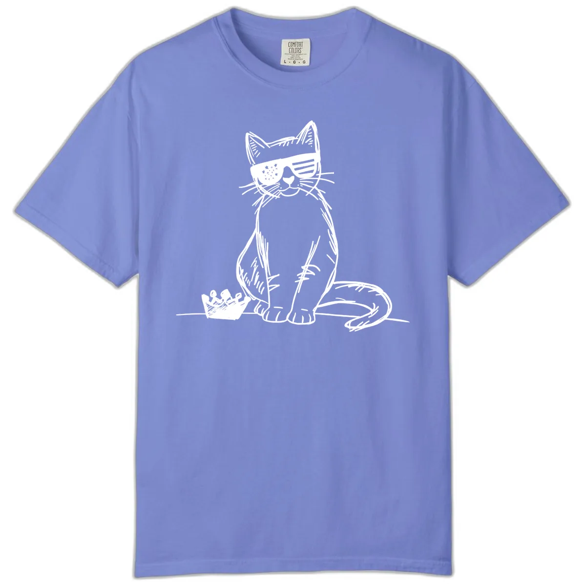 Patriotic Cat with Star-Spangled Sunglasses Comfort Color in Flo Blue