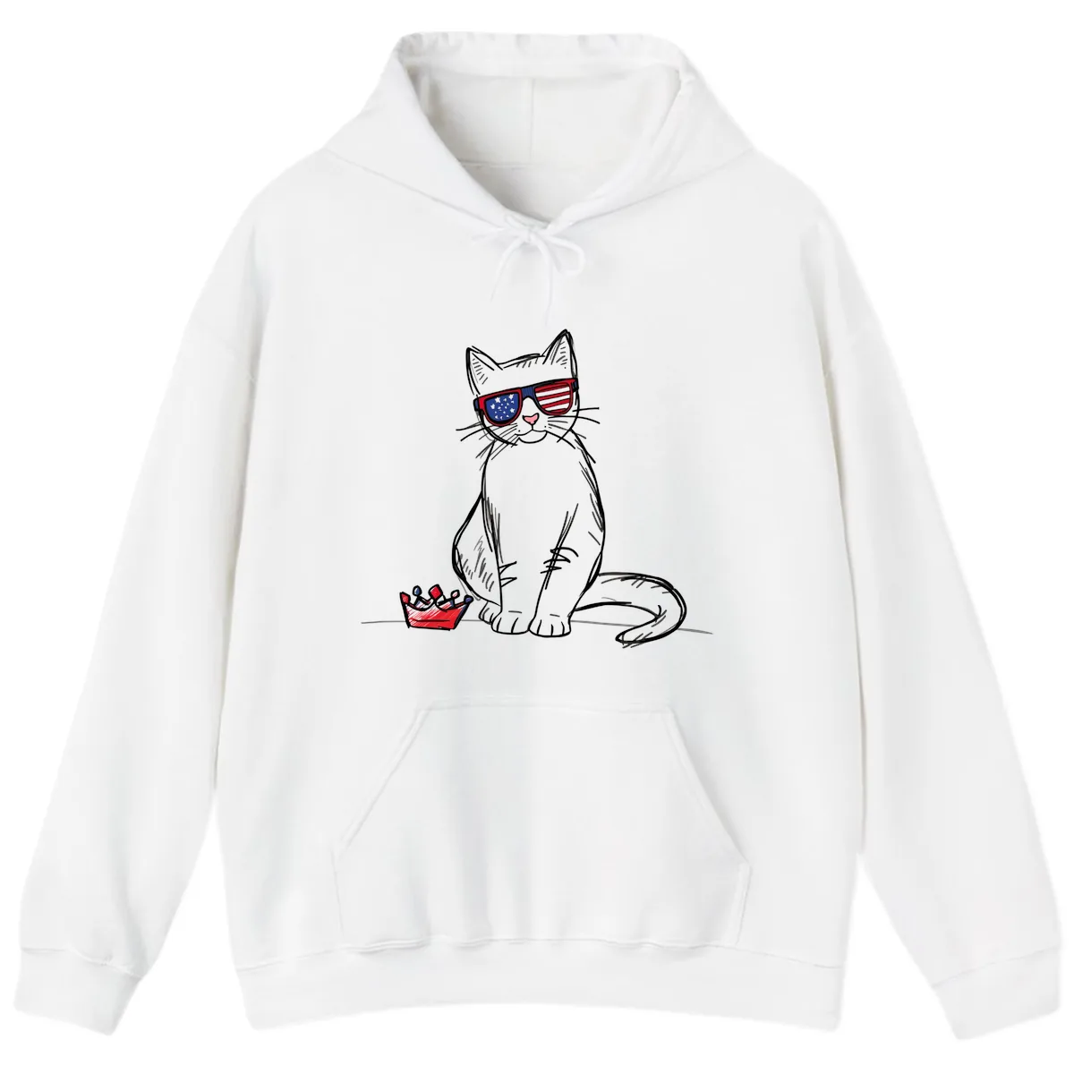 Patriotic Cat with Star-Spangled Sunglasses Hoodie in White