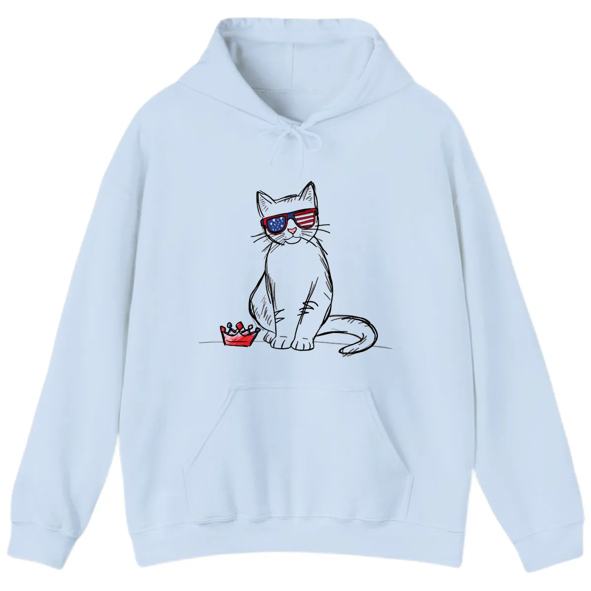Patriotic Cat with Star-Spangled Sunglasses Hoodie in Light Blue