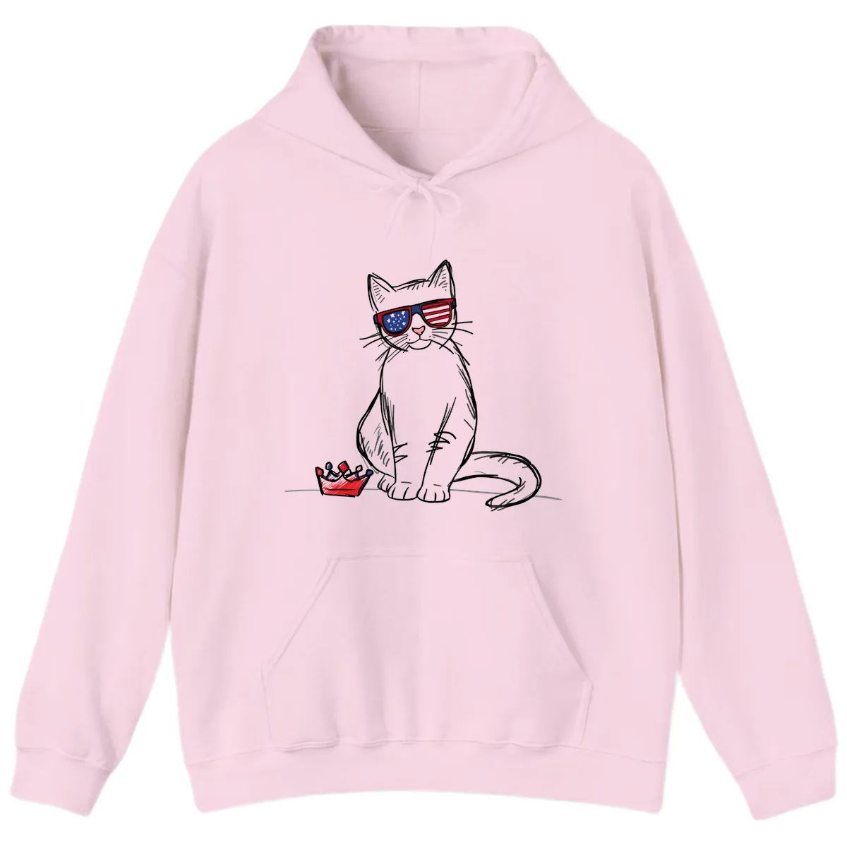 Patriotic Cat with Star-Spangled Sunglasses Hoodie in Light Pink