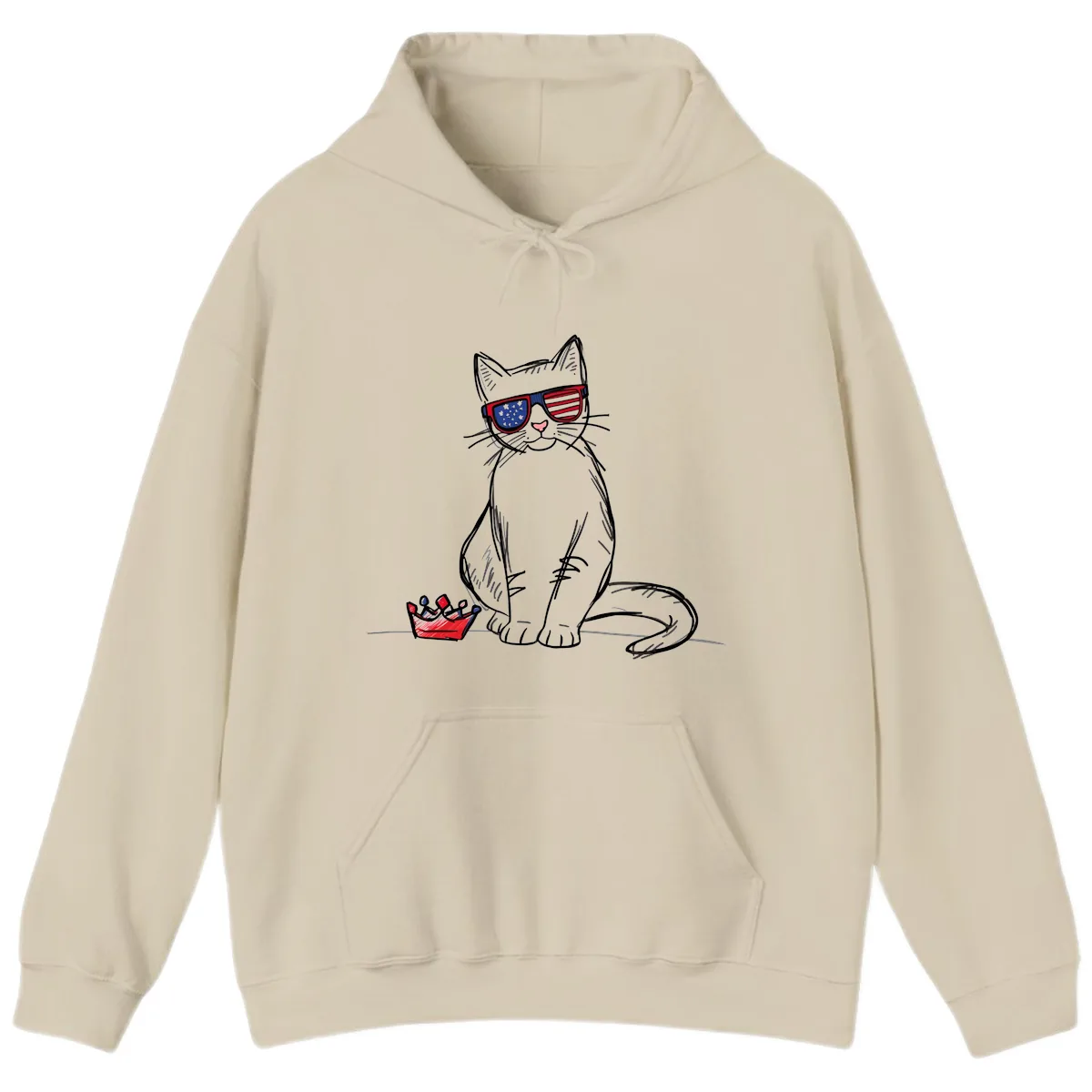 Patriotic Cat with Star-Spangled Sunglasses Hoodie in Sand
